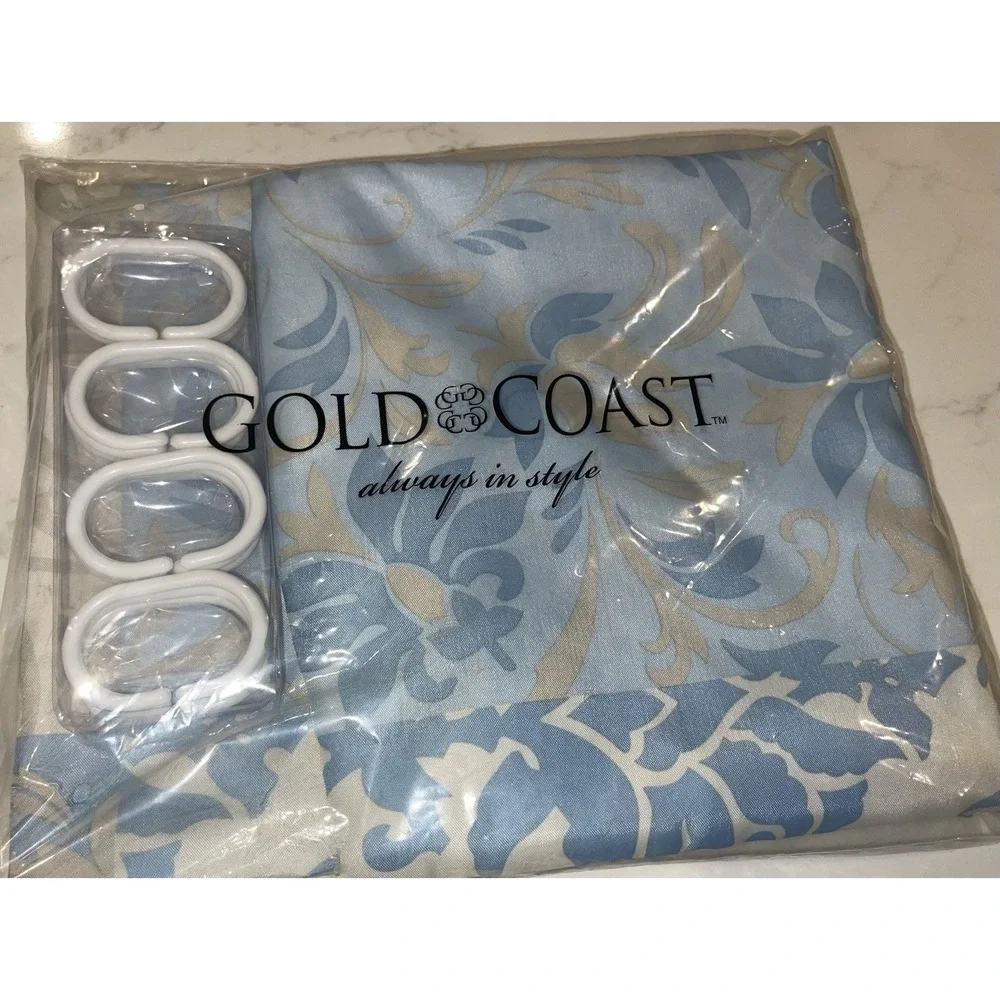 Vintage Gold Coast Blue Beige White Shower Curtain & Hooks Set‎ 13 Piece NEW